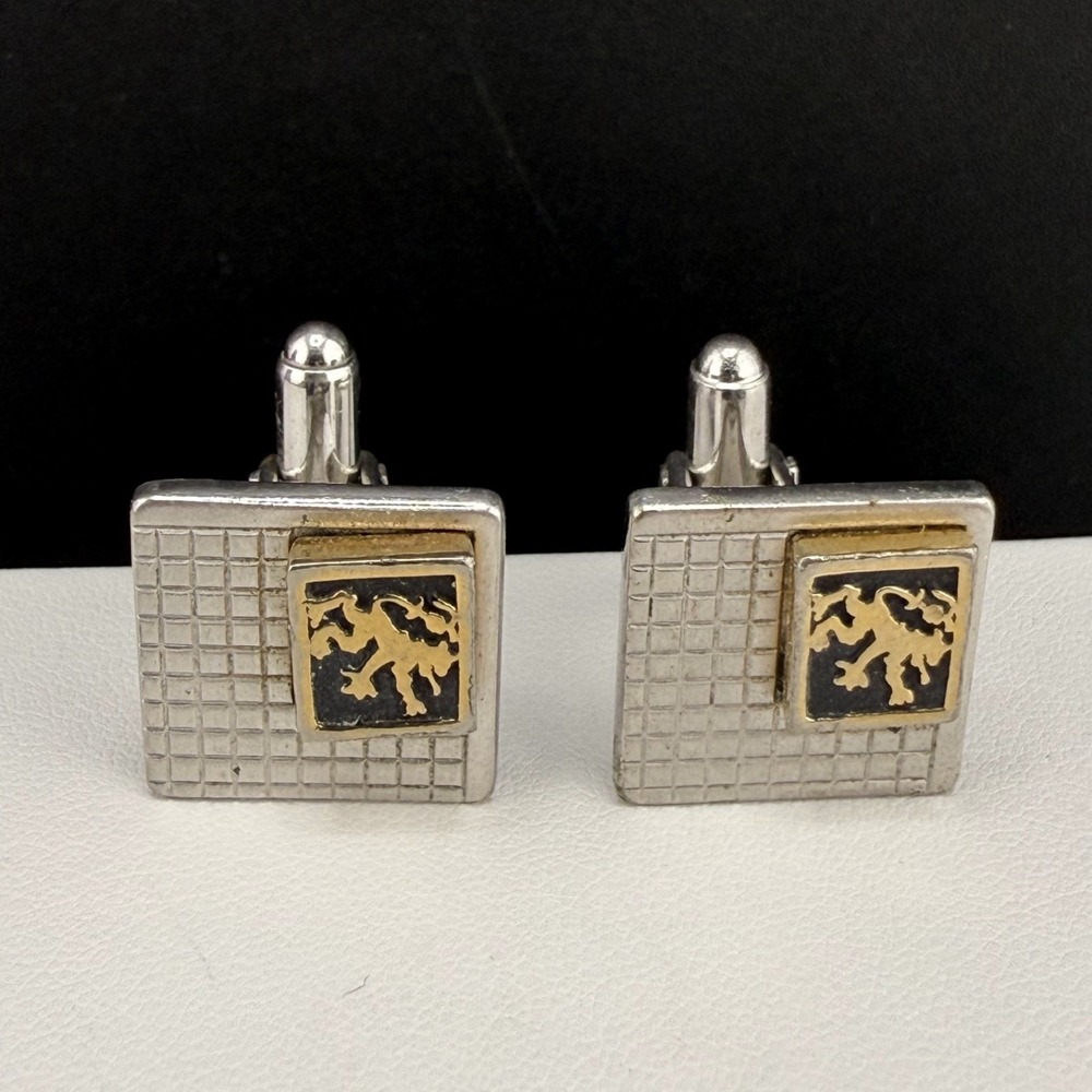 Vintage Estate Cufflinks Silver Heraldic Lion Rampant Square Retro Men
